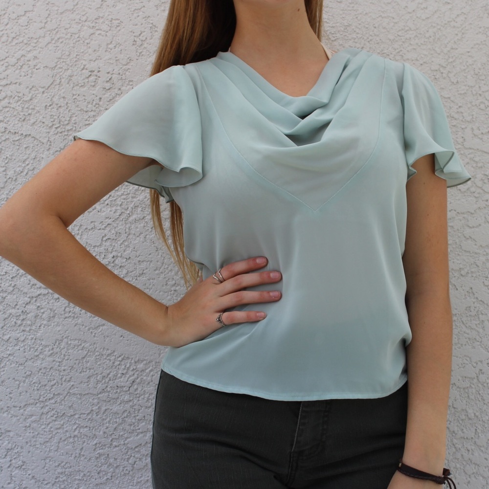 Vintage Mint Pastel Short Sleeve Blouse 👚